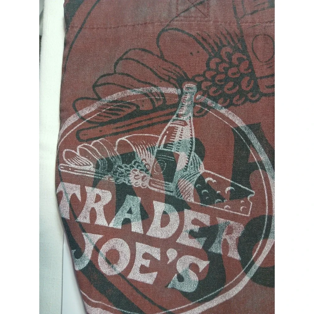 Rare Vintage Trader Joe's Canvas Tote Bag Maroon All Over Print Made In USA